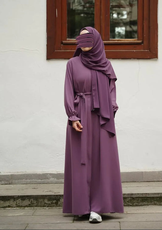 Elegant Deep Plum Georgette Abaya with Matching Hijab | Abayas by Aisha