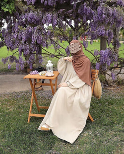Classic Cream Abaya With Contrast Hijab | Abayas by Aisha