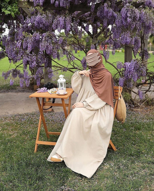 Classic Cream Abaya With Contrast Hijab | Abayas by Aisha
